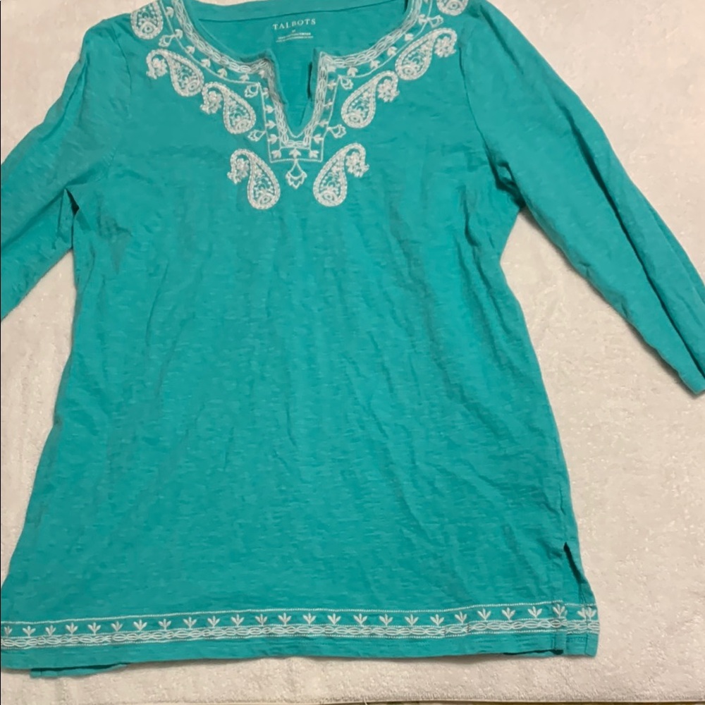Talbots Turquoise Top with White Paisley Embroidery